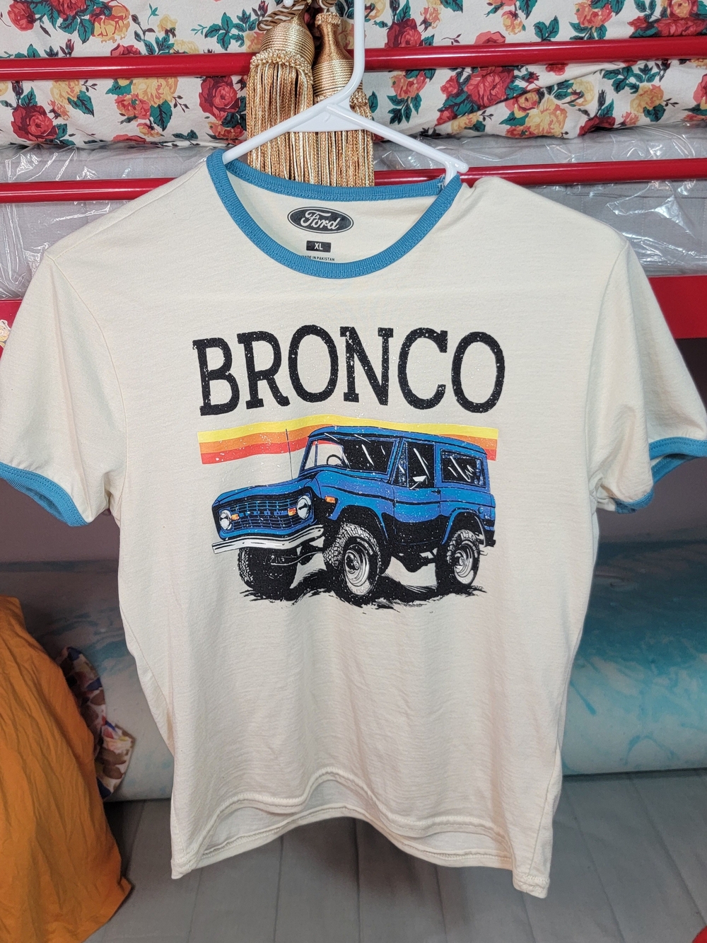 Ford Bronco Tee — Cream Body with Blue Trim and Blue Graphic